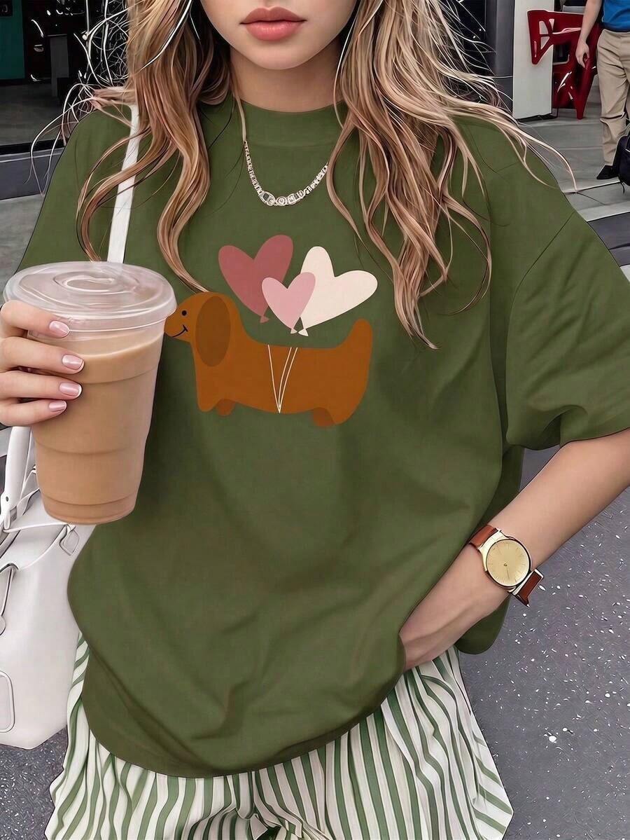 Camiseta de mujer estampada de manga corta para verano, tela de poliéster, estilo multifuncional, corte regular, peso 180 gramos, 1 unidad. - Verde militar - Ver 1