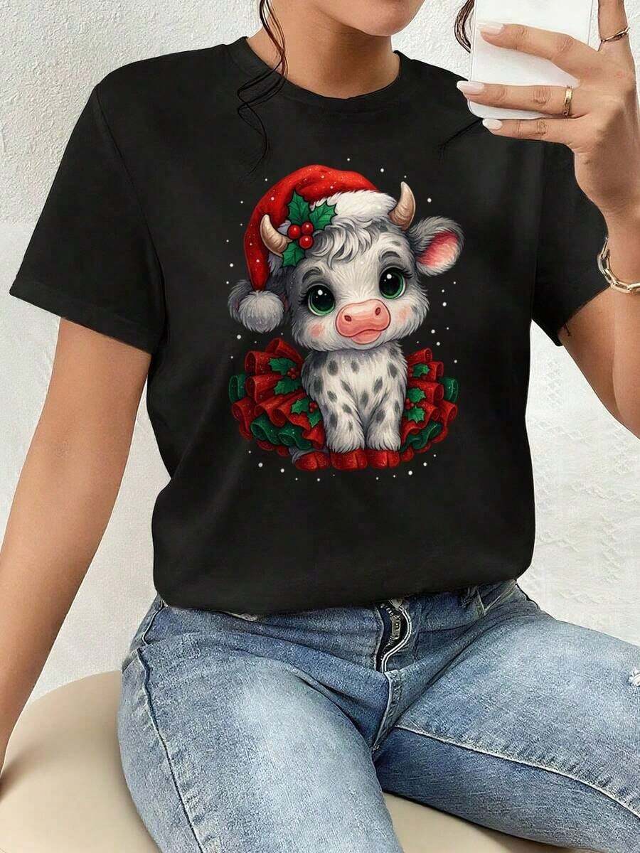 ofertas y liquidacionesPlayera Para Mujer,Navidad, Lindo Vaquita, Camiseta Gráfica, Decoración de Fiestasplayera de hombretops sudaderas para mujer Y2k Camiseta Camisa De - Negro - Ver 1