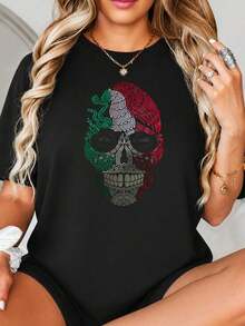 Diseño gráfico de impresión de cráneo de azúcar, Gradiente de color inspirado en Fl-ag mexicano, Estilo de arte del Día de los Muertos, Patrón Tri-bal, Tema del Patrimonio Cultural.jpgRegalos personalizados: Camisetas para mujer con estilos modernos, hippies, casuales y minimalistas. Ropa masculina personalizada única, armarios cápsula, ropa básica/urbana para hombre. Regalos ideales para novios, familiares y amigos, adecuados para cumpleaños, vacaciones, colegio/competiciones, deportes/escalada, etc., también adecuados para la moda de otoño y actividades urbanas. Verano negro. - Negro - Ver 2