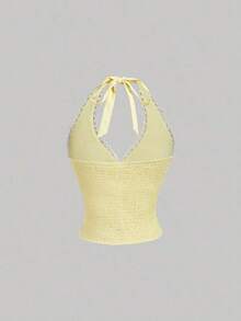 Blusa de cuello halter de unicolor con encaje de contraste para mujer - Amarillo - Ver 5
