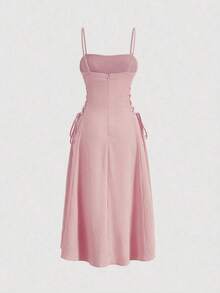 Vestido de tirantes unicolor pecho con fruncido con cordón lateral - Rosa - Ver 2