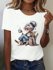 Women's Short-Sleeved Top With A Round Neck In Pure Cotton, Modern Printed Design, Cool And Breathable Fabric, Versatile Garment For Casual Looks, Everyday Occasions And Social Gatherings All Year Round - 白色 - 查看 8
