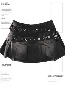 Falda corta de denim nueva para mujer, estilo retro americano, talla grande, lavado a la piedra, con pliegues, doble cinturón, corte A, diseño favorecedor, perfecta para looks casuales, de día y estilo 'hot' - negro - Ver 6