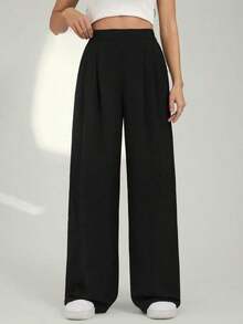 Tall Pantalones casuales anchos y sueltos de cintura alta plisados de unicolor para mujeres - Negro - Ver 6
