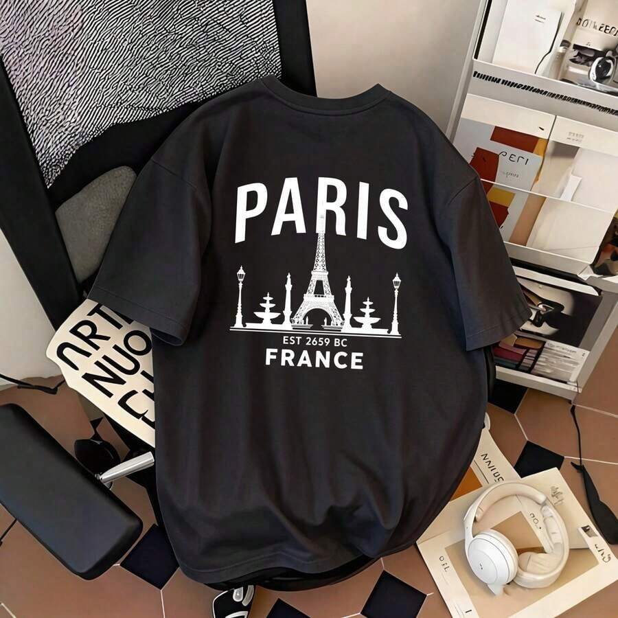 Women's Oversized T-Shirt With Retro Graphic Print Of The Eiffel Tower Of Paris, French Cityscape Design, Casual Daily Wear, Loose Fit, Machine Washable, Stylish Women's Top | Casual Everyday Top - 深灰色 - 查看 1