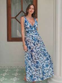 Swim Oasis Traje de baño de una pieza con cuello en V, estampado floral azul, diseño halter y espalda descubierta, con falda transparente.Atuendo de playa de verano de alta gama para mujer - Azul y blanco - Ver 7