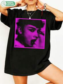 100% Cotton Audreyyy Hepburn Retro Pop Art Graphic T-Shirt, "Breakfast At 's" Vintage Pink Halftone Style T-Shirt, Casual Short Sleeve Crew Neck Top For Fans Of Classic Movies, Oversized Streetwear. - Black - View 6