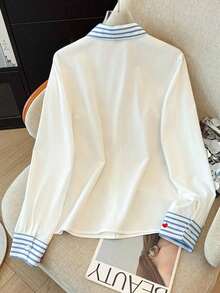 Camisa de efecto de mezclilla de parchwork casual para mujer, otoño/invierno - Blanco 2 - Ver 2