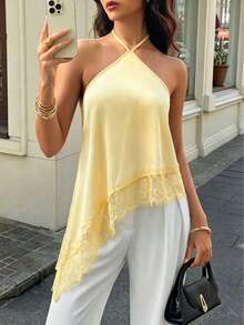 Camiseta de tirantes finos y sin mangas casual y sexy para mujer, camisola de satén con bajo asimétrico de malla, adecuada para citas nocturnas, vacaciones, despedidas de soltero y fiestas de cumpleaños en verano - amarillo ganso - Ver 1