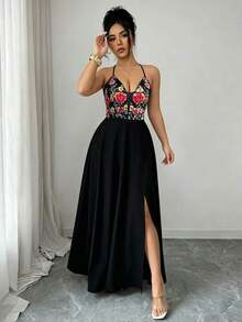 Vestido largo con abertura, escote en V, estampado floral, espalda elástica, diseño elegante y casual para uso diario, vacaciones y días festivos - Negro - Ver 3