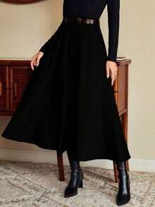 DECDS Falda elegante vintage para mujer con bolsillos y cinturón a cuadros, falda casual de vacaciones, falda gris de otoño, invierno y Navidad, falda para invitada de boda - Negro - Ver 5
