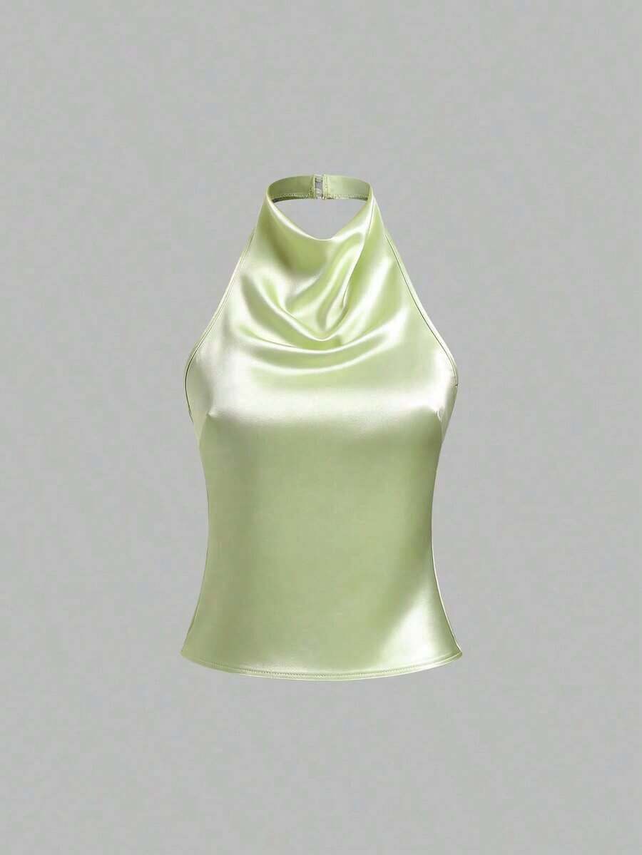 Camiseta sin espalda con lazo, de satén de unicolor, con drapeado halter elegante - Verde - Ver 1