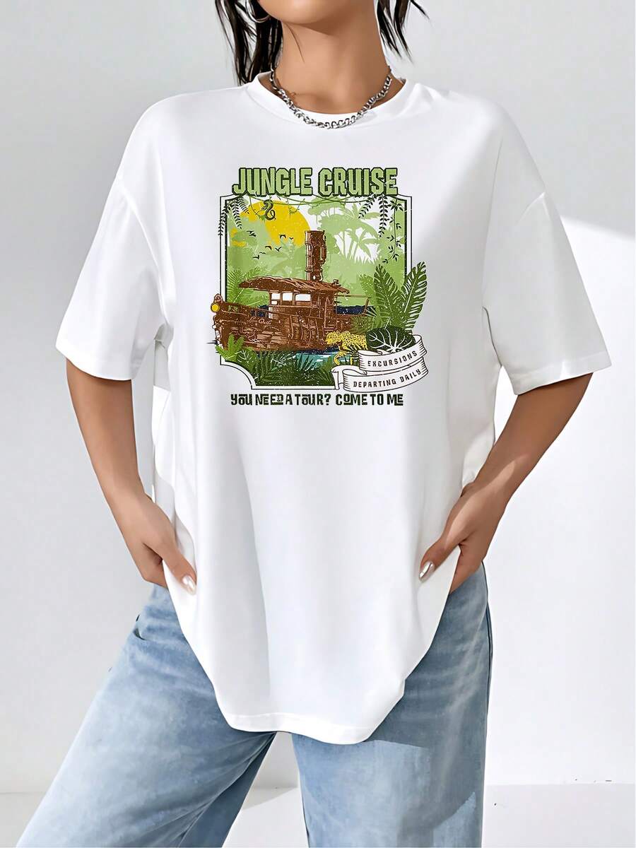 Paisaje tropical con barco navegando entre hojas de selva y sol dorado que transmite espíritu aventurero y amor por la naturaleza camiseta de mujer cómoda para uso diario y viajes - Blanco - Ver 1