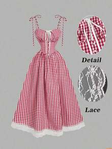 Vestido midi de estilo romántico y campestre con estampado de cuadros rojos y blancos - Rojo y blanco - Ver 2