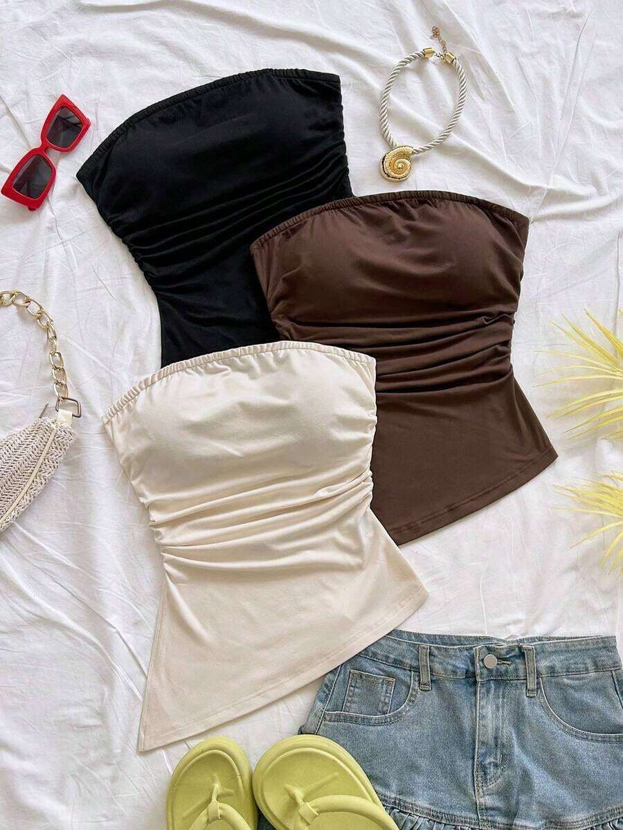 WYWH Conjunto de 3 piezas de blusas de verano para mujer: Top bandeau tipo corto asimétrico en textura azul vintage, top ajustado de punto texturizado amarillo, top ajustado sólido blanco, adecuado para fiesta, sexy, San Valentín, tarde de té, vacaciones en la ciudad - Multicolor - Ver 1
