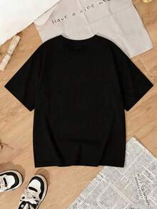 Y2K Casual de la mujer de Y2K negro Casual hombro Drop manga corta ronda cuello camiseta de cuello con la impresión del lema de color rosa audaz, la parte superior de punto de longitud Regular, tejido de estiramiento medio para el uso diario D5TU - Negro - Ver 3