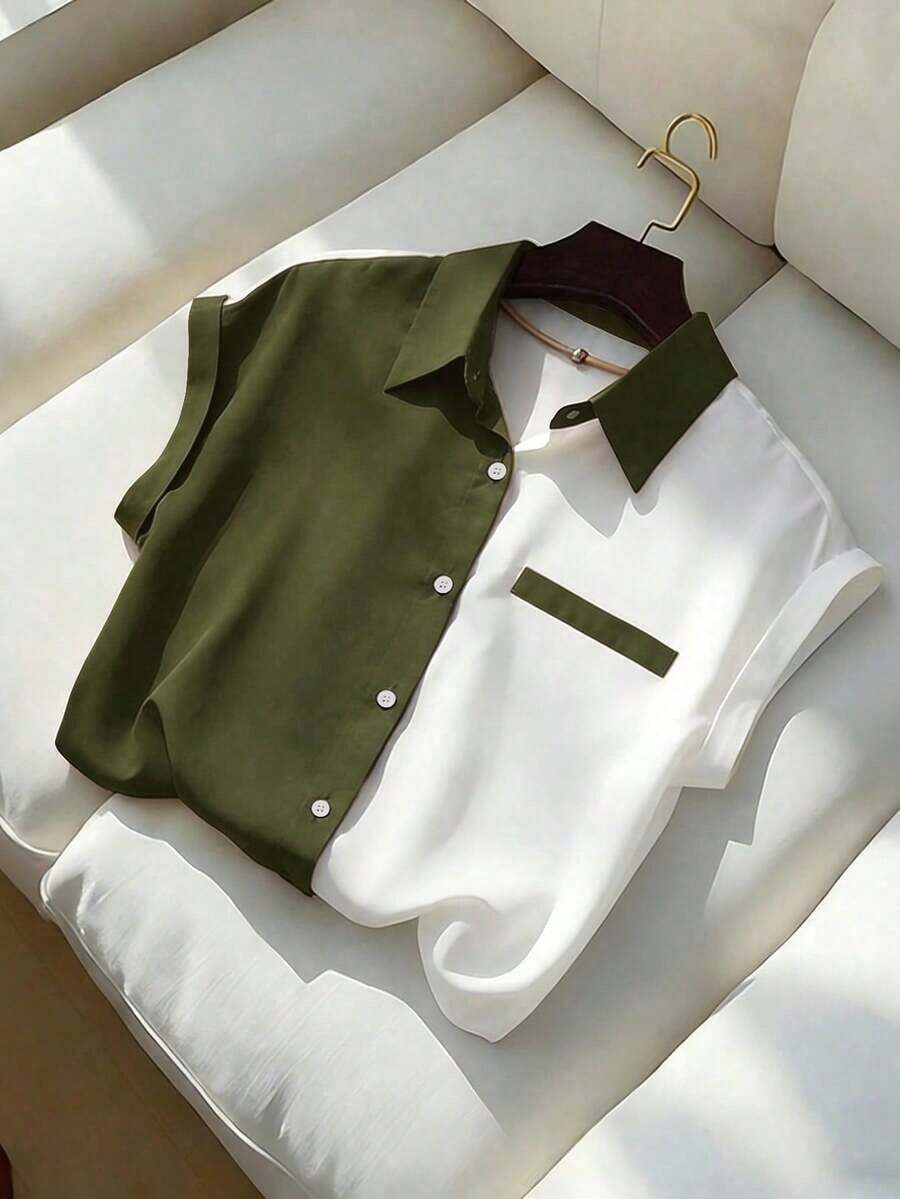 Blusa elegante de manga corta con bloques de color para mujer, verano - Verde militar - Ver 1