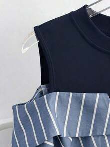 Conjunto de vacaciones para mujer con camisa a rayas de dos piezas falsa - Azul marino - Ver 3