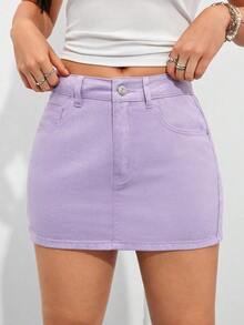 Minifalda vaquera casual de uso diario para mujer con bolsillos y botones - Morado - Ver 3