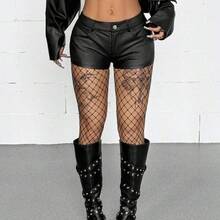 Women's Summer Streetwear Concert Music Festival Y2K  Basic Daily Wear Casual Leather Stretchy Bustier Black Low Rise Shorts - Negro - Ver 4