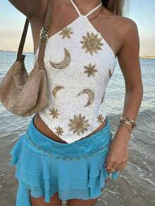 Top halter con espalda descubierta y lentejuelas sexy para mujer, atuendos de verano, ropa de verano, atuendos de playa para mujer, atuendos de vacaciones, atuendos bohemios tropicales de vacaciones para mujer, atuendos de concierto, atuendos de ra - Blanco 2 - Ver 9