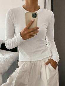 Blusa de manga larga de cuello redondo, ajuste delgado, con estampado de lunares, ropa de otoño para mujer - Blanco - Ver 7
