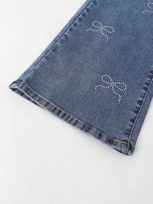 Explorewe Jeans de mezclilla estilo Y2K versátiles lavados y desgastados con pierna acampanada y elásticos para niñas adolescentes - Lavado ligero - Ver 8