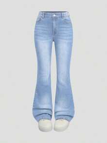 Explorewe Jeans de mezclilla estilo Y2K versátiles lavados y desgastados con pierna acampanada y elásticos para niñas adolescentes - Lavado ligero 3 - Ver 5