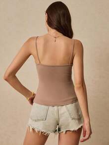 Frenchy Camiseta de verano con tirantes dobles y acolchado en el pecho, unicolor, para vacaciones - Albaricoque - Ver 5