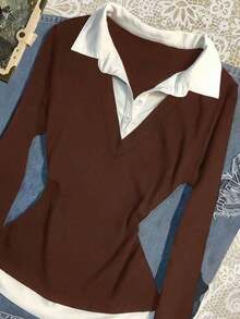 Blusa casual de manga larga con cuello de contraste y diseño 2 en 1 para mujer - Marrón - Ver 3