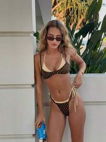 Conjunto de traje de baño para mujer 2026, parte superior de bikini con estampado de lunares y contraste de color tipo halter sexy con espalda descubierta, y Bottom tipo tanga, adecuado para el Día de San Valentín, la playa, resort, vacaciones al aire libre en verano - caqui claro - Ver 4