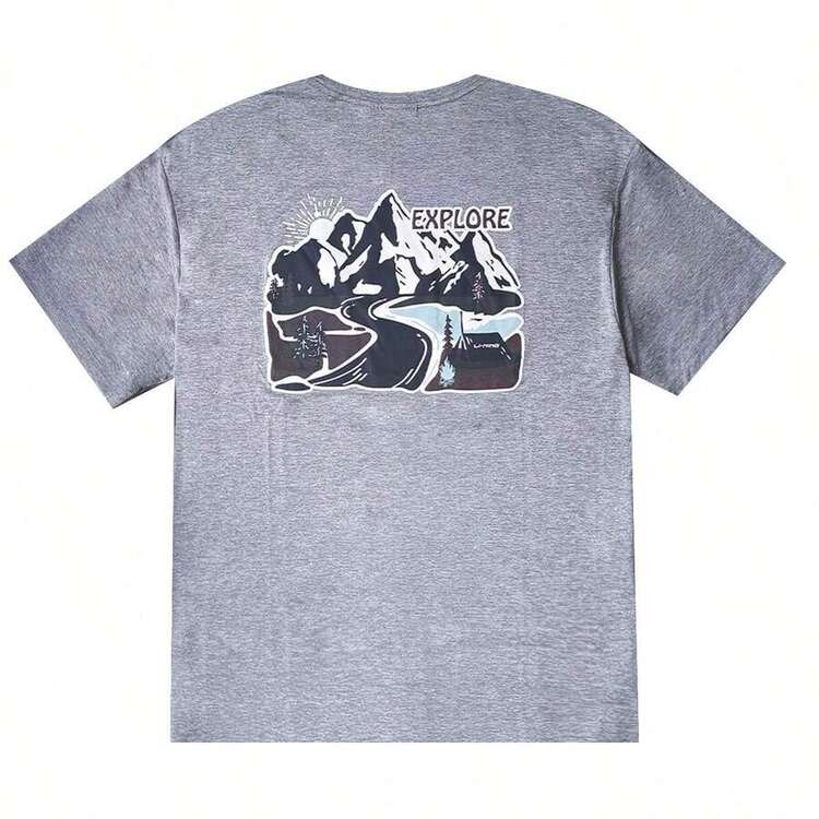 Camiseta unisex de manga corta LI-NING Mountain Print Series, con logo bordado en el pecho, estilo casual, ideal para ir al trabajo o practicar deporte (ATSV905). - Gris Claro - Añade 1