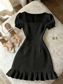 Vestido de mujer con cuello de perlas, manga corta, cuello cuadrado, casual, silueta esbelta tipo A, elegante, unicolor, adecuado para banquetes, fiestas de cumpleaños, uso en verano y otoño, diario, oficina, calle, azul marino - Negro - Ver 3