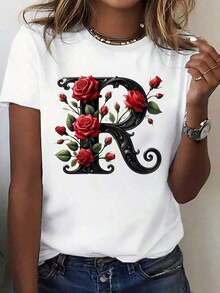 Women's White T-Shirt With Rose And Letter R Print - Floral Design With Red Roses And Black Letter R, Short Sleeve Top With Round Neck, Soft And Breathable, Suitable For Casual Wear In Spring And Summer, Elegant Letter R And Rose Design, Machine Washable T-Shirt. - 白色 - 查看 6