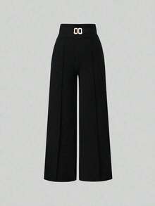 Pantalones informales de pierna ancha de unicolor para mujer - Negro - Ver 8
