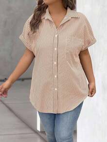 Vionelle Blusa casual de talla grande para mujer con estampado de rayas azul y blanco, de manga corta y abotonada, para el verano - Caqui - Ver 3