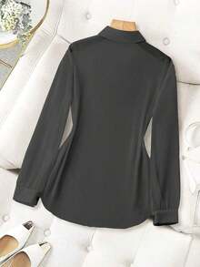 Blusa minimalista de unicolor transparente con cuello vuelto, blusas de manga larga - Gris Oscuro - Ver 2