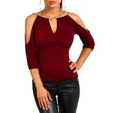 Womens Casual Half Sleeve T-shirt Fashion Solid Color Off-shoulder V-neck Pullover Tops - Rojo - Ver 1