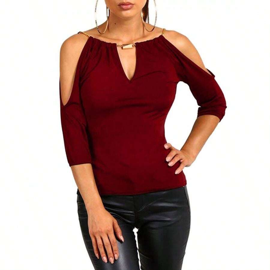 Womens Casual Half Sleeve T-shirt Fashion Solid Color Off-shoulder V-neck Pullover Tops - Rojo - Ver 1