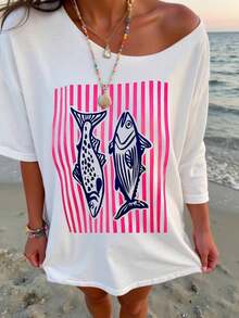 Sundraya Women's Casual Loose Fit Short Sleeve T-Shirt With Floral And Coconut Print, Asymmetrical Neckline, Ideal For Summer Vacation And Leisure - 白色 2 - 查看 1