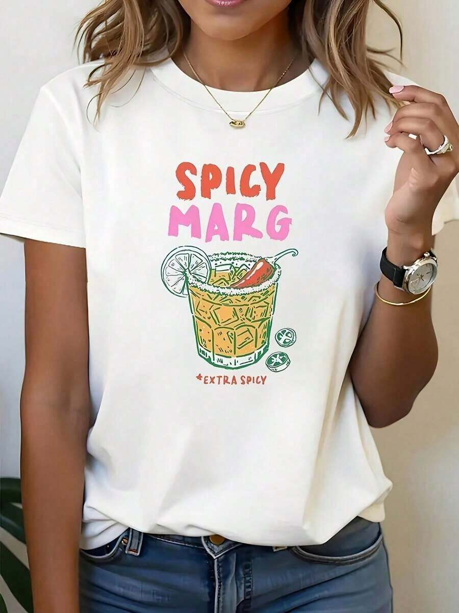 Camiseta Estampada 'Spicy Margarita' para Mujer| Cuello redondo informal, tela de alta elasticidad, longitud regular, manga corta, temporada primavera/verano/otoño, lavable a máquina. - Blanco - Ver 1