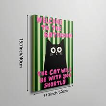 1 pieza Arte de pared de baño con gato negro divertido "El gato estará contigo en breve" Impresión en lienzo|Decoración del hogar moderna con rayas verdes de dopamina para baño, dormitorio, sala de estar o inodoro, póster de gatito lindo, regalo para ella, sin marco, pergamino colgante de madera o enmarcado - patrón - Ver 19