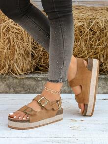 Adjustable Women's Woven Straw Pattern Sandals, Women's Double Strap Buckle Back Strap Open Toe Thick Bottom Casual Shoes, Wedge Heels - Brown Velvet - View 3