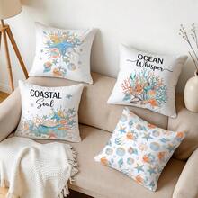 4pcs/Set Blue & Orange Ocean Creature Shell Pattern Pillow Cover, Single-Sided Printed Cushion Cover, Suitable For Living Room, Bedroom, Home Decor, All Seasons - Multicolor - View 10