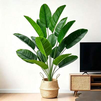 Artificial Plant Fake Tree, Tropical Palm With Fake Banana Leaves | Modern Indoor Home Natural Decor | Large Realistic Foliage, No Black Pot Included