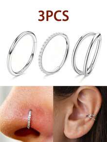 Bộ 3 khuyên mũi/khuyên tai - Khuyên mũi đôi bằng thép không gỉ 316, cỡ 18G, có bản lề, đính đá CZ, trang sức xỏ khuyên, khuyên môi, khuyên sụn tai, móc xoắn, khuyên dái tai, kích thước 7mm/8mm/9mm/10mm, thích hợp cho đồ bơi, tắm nắng. Thích hợp cho dạ hội, tiệc tùng, Ngày Valentine, Halloween, Giáng sinh, Ngày của Mẹ, quà tặng cho bạn gái/bạn trai/mẹ/cha/sinh nhật. - Thép - Xem 1