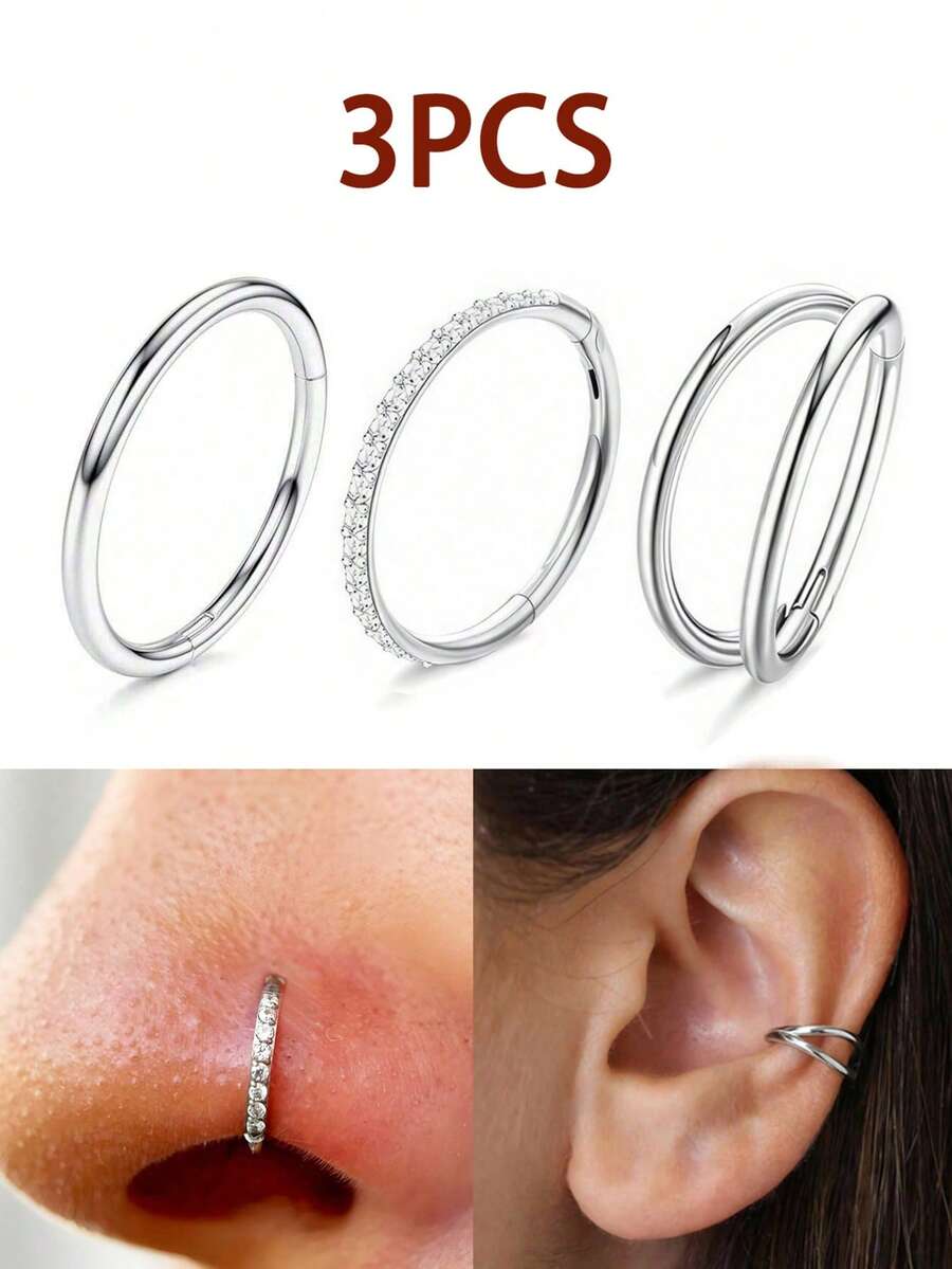 Bộ 3 khuyên mũi/khuyên tai - Khuyên mũi đôi bằng thép không gỉ 316, cỡ 18G, có bản lề, đính đá CZ, trang sức xỏ khuyên, khuyên môi, khuyên sụn tai, móc xoắn, khuyên dái tai, kích thước 7mm/8mm/9mm/10mm, thích hợp cho đồ bơi, tắm nắng. Thích hợp cho dạ hội, tiệc tùng, Ngày Valentine, Halloween, Giáng sinh, Ngày của Mẹ, quà tặng cho bạn gái/bạn trai/mẹ/cha/sinh nhật. - Thép - Xem 1