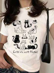 Women's Casual White Crew Neck T-Shirt With Black And White Striped Cat Print And The Text 'The Cat Is The Best Friend', Suitable For Summer And Fitted To The Body - 白色 - 查看 1