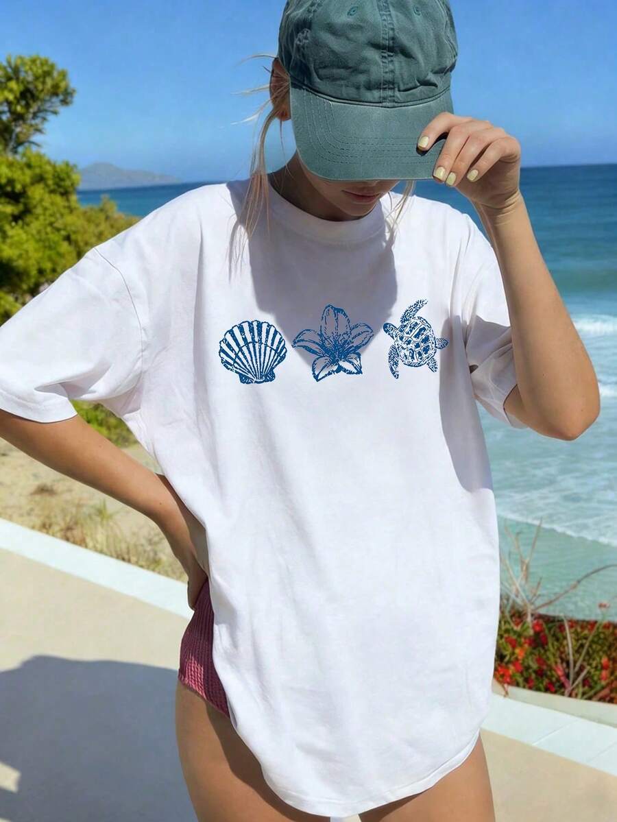 Camiseta informal de manga corta y cuello redondo para mujer con estampado de vida marina: ideal para el día a día y para las vacaciones. - Blanco - Ver 1