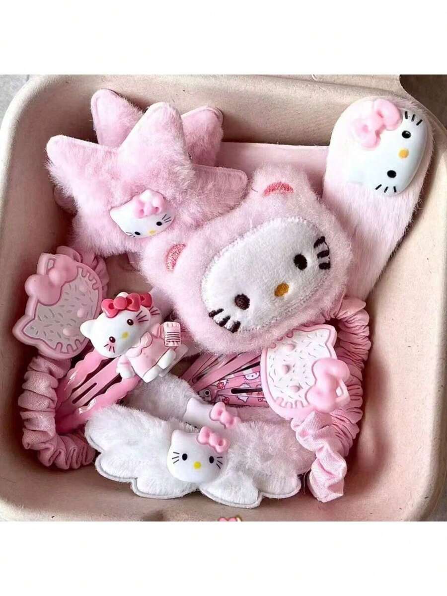 SANRIO 15件套粉色发夹套装,可爱毛绒猫嘴发夹,甜美少女学生卡通猫发夹,KT猫侧边发夹,日式侧边发饰,情人节礼物,KT猫头饰 - 粉紅混色款 - 查看 1